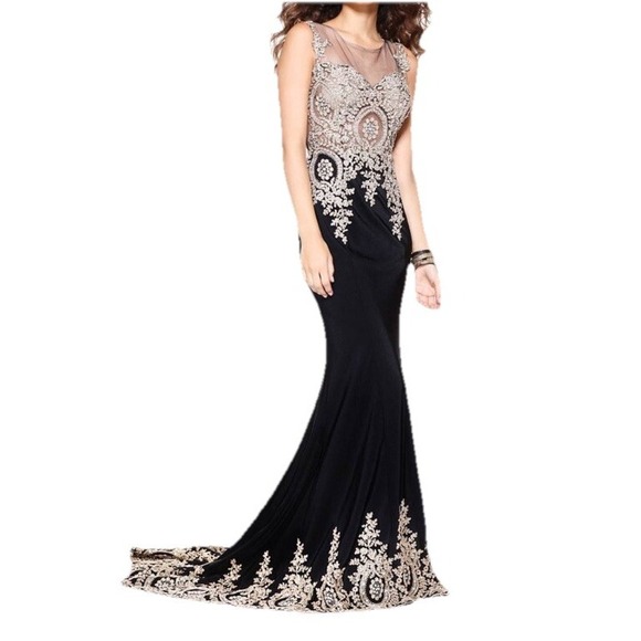 Shail K Rhinestone Mesh  Black Gold Evening Gown  W/ Train  Size 10 Prom - Picture 4 of 14